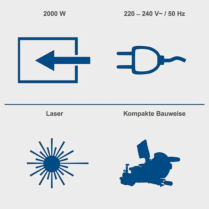 Scheppach Kapp- & Gehrungssäge HM305SL - 2.000 W, Durchmesser Sägeblatt: 305 mm, Leerlaufdrehzahl: 5.000 U/min - Produktdarstellung: 2000 W Leistung, 220–240 V~/50 Hz, Laser, kompakte Bauweise.