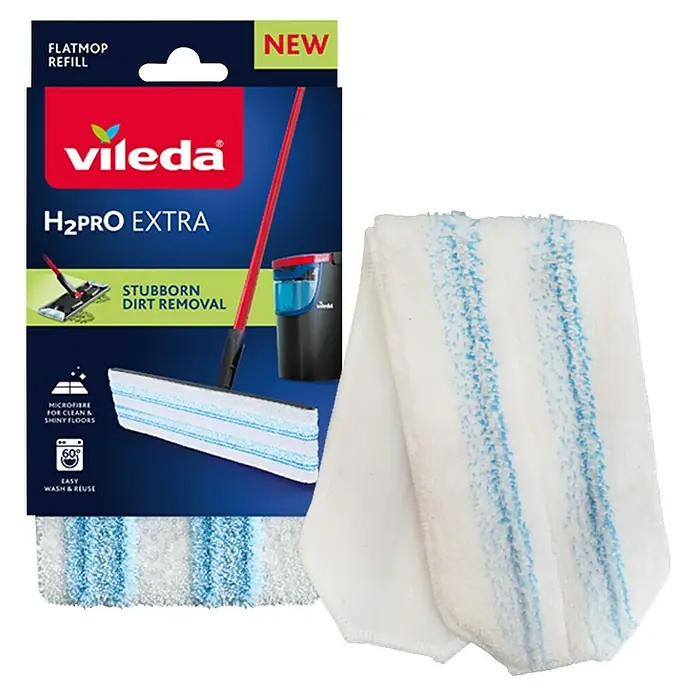 Vileda Ersatz-Bezug H2PRO Extra Flat Mop - Mikrofaser, Passend für: Vileda H2PRO Flat Mop System - Das Vileda H2Pro Extra Flachwischmopp-Ersatzteil mit seiner starken Reinigungsleistung für eine effektive Schmutzentfernung.