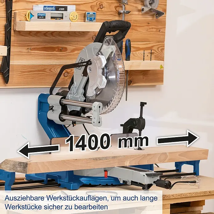 Scheppach Kapp- & Gehrungssäge HM305SL - 2.000 W, Durchmesser Sägeblatt: 305 mm, Leerlaufdrehzahl: 5.000 U/min - Eine Scheppach Kappsäge mit Zugfunktion, die ein Werkstück von 1400mm Länge präzise bearbeitet, dank ausziehbarer Werkstückauflagen.
