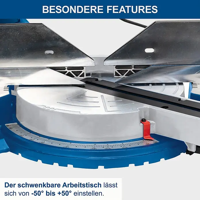 Scheppach Kapp- & Gehrungssäge HM305SL - 2.000 W, Durchmesser Sägeblatt: 305 mm, Leerlaufdrehzahl: 5.000 U/min - Der schwenkbare Arbeitstisch der Kapp- und Gehrungssäge lässt sich von -50° bis +50° einstellen und bietet höchste Präzision.