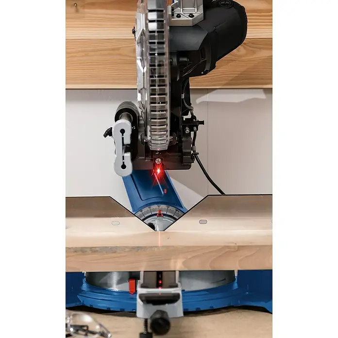 Scheppach Kapp- & Gehrungssäge HM305SL - 2.000 W, Durchmesser Sägeblatt: 305 mm, Leerlaufdrehzahl: 5.000 U/min - Die Präzision des blauen Kapp- und Gehrungssäge mit Laserführung für akkurate Schnitte im Holzwerkprojekt.