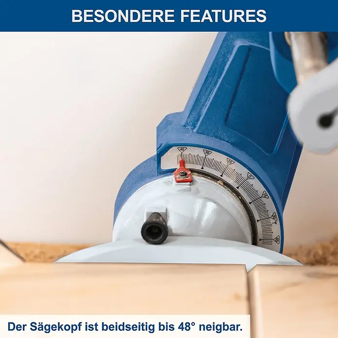 Scheppach Kapp- & Gehrungssäge HM305SL - 2.000 W, Durchmesser Sägeblatt: 305 mm, Leerlaufdrehzahl: 5.000 U/min - Detailansicht der einstellbaren Neigung einer Säge für präzise Schnitte bis 48 Grad.