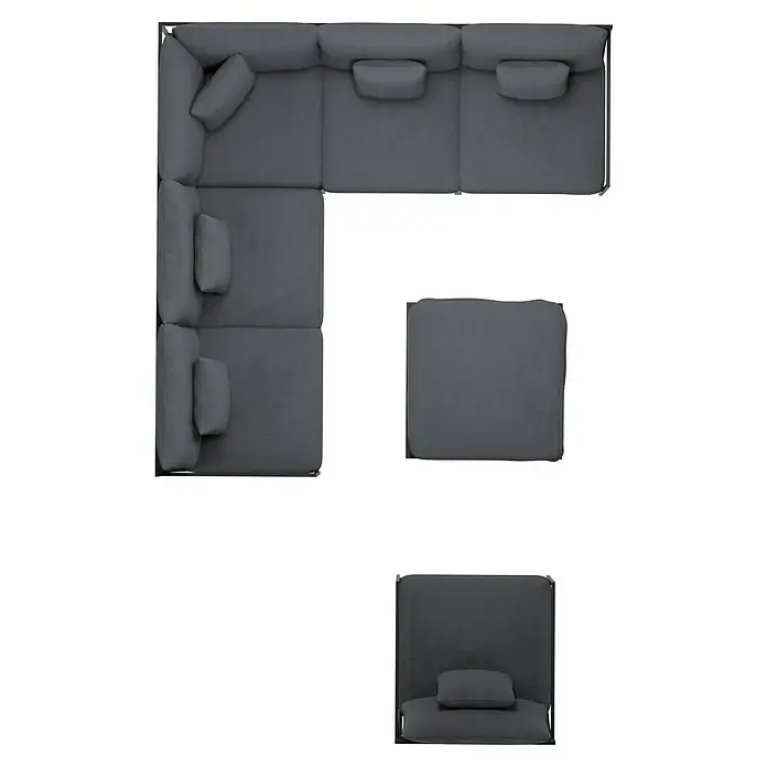 Sunfun Loungemöbel-Set - 7 -tlg., Aluminium, Textil, Night Grey/Schwarz - Eine graue modulare Wohnlandschaft mit Ottomanen und einem Sessel in verschiedenen Anordnungen für flexible Wohnraumgestaltung.