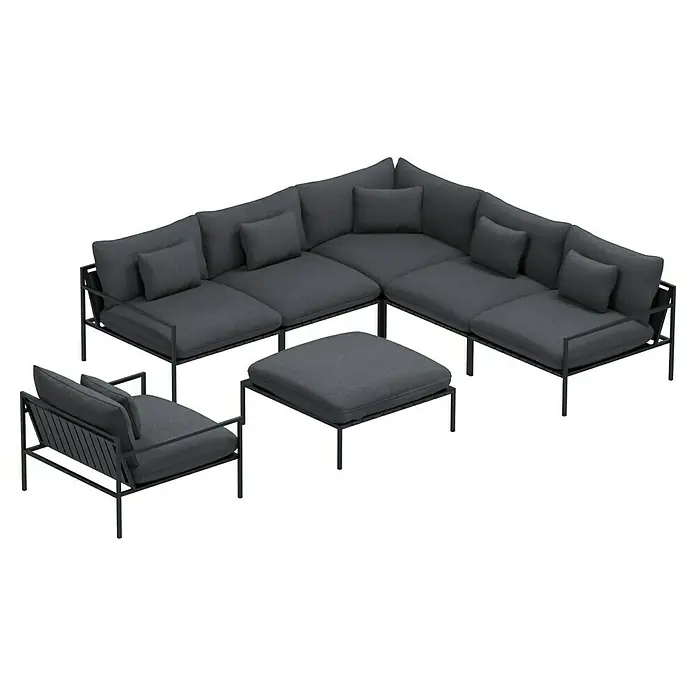 Sunfun Loungemöbel-Set - 7 -tlg., Aluminium, Textil, Night Grey/Schwarz - Elegante graue Lounge-Garnitur mit modularem Ecksofa, Sessel und Hocker für den Außenbereich. Ideal für stilvolle Entspannung im Garten oder auf der Terrasse.