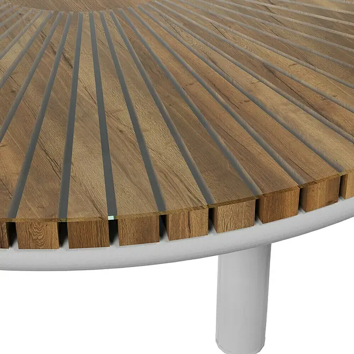 Sunfun Loungemöbel-Set - 7 -tlg., Aluminium, Textil, Champagner/Holz - Detailansicht eines runden Holztisches mit Lattenmuster und weißem Untergestell, das moderne Design und natürliche Materialien vereint.