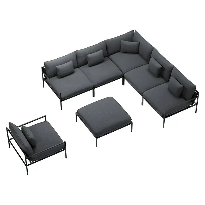 Sunfun Loungemöbel-Set - 7 -tlg., Aluminium, Textil, Night Grey/Schwarz - Modulare graue Lounge-Garnitur mit Metallrahmen und passendem Hocker, ideal für stilvolle Entspannung im Freien.