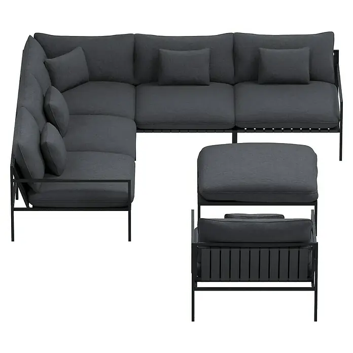 Sunfun Loungemöbel-Set - 7 -tlg., Aluminium, Textil, Night Grey/Schwarz - Elegante graue Lounge-Garnitur mit Ecksofa und Hocker, ideal für stilvolle Entspannung im Freien. Das moderne Design überzeugt.