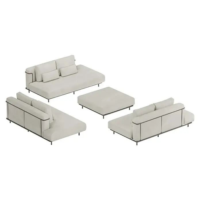 Sunfun Loungemöbel-Set - 4 -tlg., Aluminium, Textil, Sand/Night-Grey - Elegante modulare Sofagarnitur in Weiß mit schlanken Metallfüßen. Das moderne Design umfasst ein Sofa, ein Ottomane und einen Sessel für stilvollen Komfort.