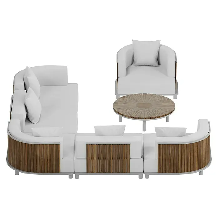 Sunfun Loungemöbel-Set - 7 -tlg., Aluminium, Textil, Champagner/Holz - Elegante Gartenmöbel-Gruppe mit Sofa, Sessel und Tisch in Weiß und Holzoptik. Die Sitzgruppe lädt zum Entspannen im Freien ein.