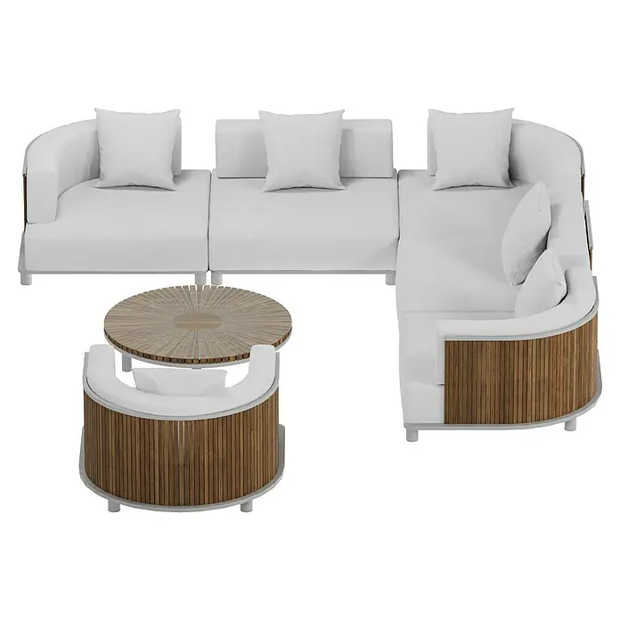 Sunfun Loungemöbel-Set - 7 -tlg., Aluminium, Textil, Champagner/Holz - Ein modernes Outdoor-Lounge-Set mit weißen Polstern und Akzenten aus Holz. Perfekt, um stilvolle Entspannung im Freien zu genießen.