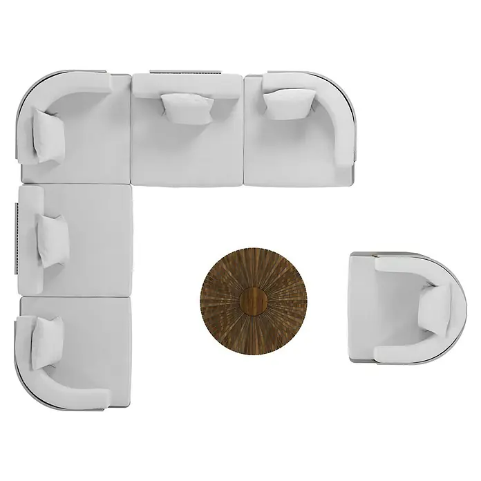 Sunfun Loungemöbel-Set - 7 -tlg., Aluminium, Textil, Champagner/Holz - Blick von oben auf eine modulare Wohnlandschaft in Weiß mit einem runden Couchtisch, der das moderne Design unterstreicht.