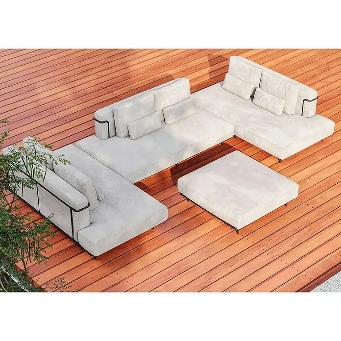 Sunfun Loungemöbel-Set - 4 -tlg., Aluminium, Textil, Sand/Night-Grey - Eine moderne graue Sofagarnitur mit schwarzen Akzenten steht auf einer Holzterrasse und lädt zum Verweilen im Freien ein.