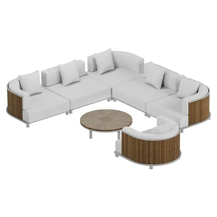 Sunfun Loungemöbel-Set - 7 -tlg., Aluminium, Textil, Champagner/Holz - Weißes modulares Lounge-Set mit Holzakzenten und einem passenden Couchtisch für den Außenbereich.