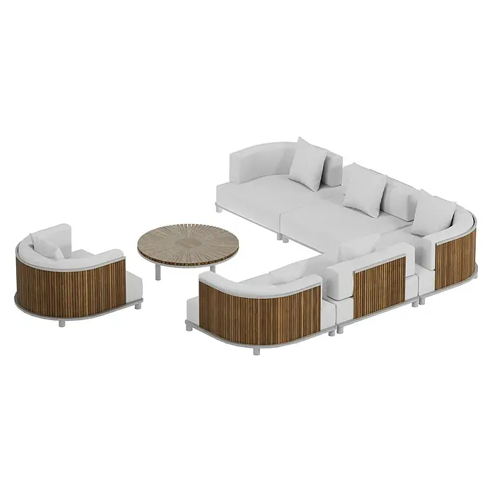 Sunfun Loungemöbel-Set - 7 -tlg., Aluminium, Textil, Champagner/Holz - Modulare Lounge-Garnitur mit weißem Polster und Holzverkleidung sowie passendem runden Couchtisch für den Außenbereich.