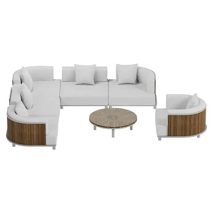 Sunfun Loungemöbel-Set - 7 -tlg., Aluminium, Textil, Champagner/Holz - Elegante Outdoor-Loungegruppe mit weißen Polstern und Akzenten aus Holz. Die Sitzgruppe umfasst ein Sofa, Sessel und einen passenden Couchtisch.