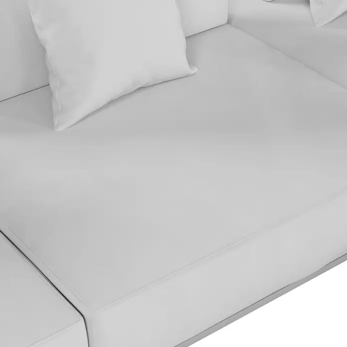 Sunfun Loungemöbel-Set - 7 -tlg., Aluminium, Textil, Champagner/Holz - Nahaufnahme eines eleganten weißen Sofas mit weichen Kissen, das Komfort und Stil in Ihrem Wohnraum vereint.