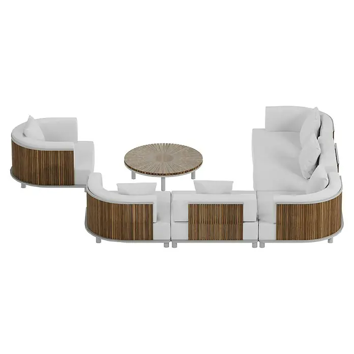 Sunfun Loungemöbel-Set - 7 -tlg., Aluminium, Textil, Champagner/Holz - Ein modernes Gartenmöbel-Set mit weißen Polstern und Holzverkleidung, bestehend aus Sofa, Sesseln und einem runden Tisch.
