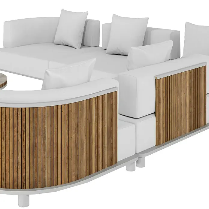 Sunfun Loungemöbel-Set - 7 -tlg., Aluminium, Textil, Champagner/Holz - Nahaufnahme eines eleganten weißen Sofas mit Holzverkleidung, das Komfort und Stil für den Außenbereich vereint.