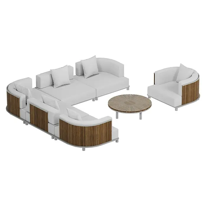 Sunfun Loungemöbel-Set - 7 -tlg., Aluminium, Textil, Champagner/Holz - Einladende Gartenmöbel-Lounge mit einem stilvollen Sofa, Sessel und einem passenden runden Couchtisch für entspannte Stunden im Freien.