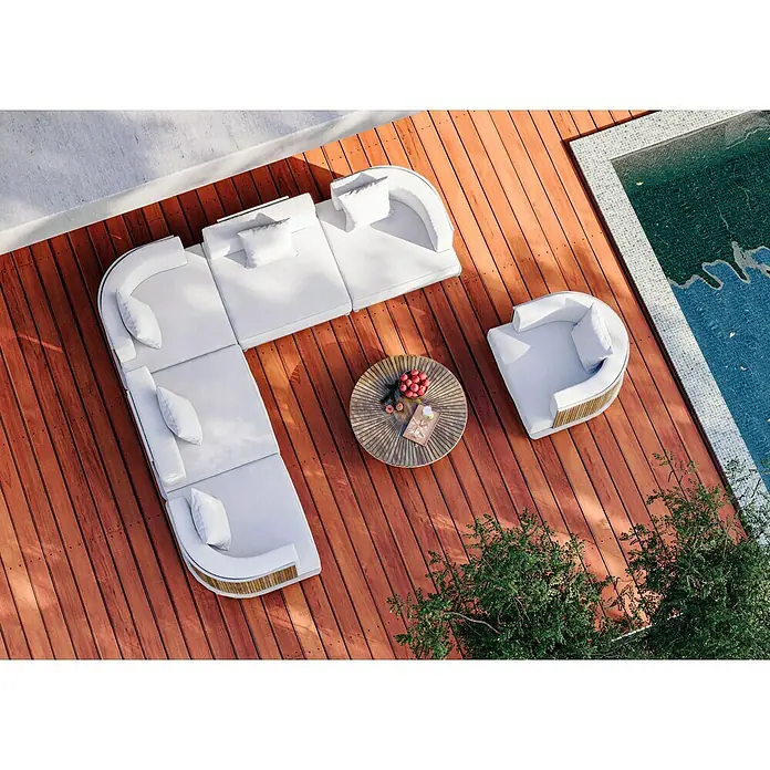 Sunfun Loungemöbel-Set - 7 -tlg., Aluminium, Textil, Champagner/Holz - Eine stilvolle Terrassengarnitur mit einem modularen Sofa, einem Sessel und einem Couchtisch, ideal für entspannte Stunden im Freien.