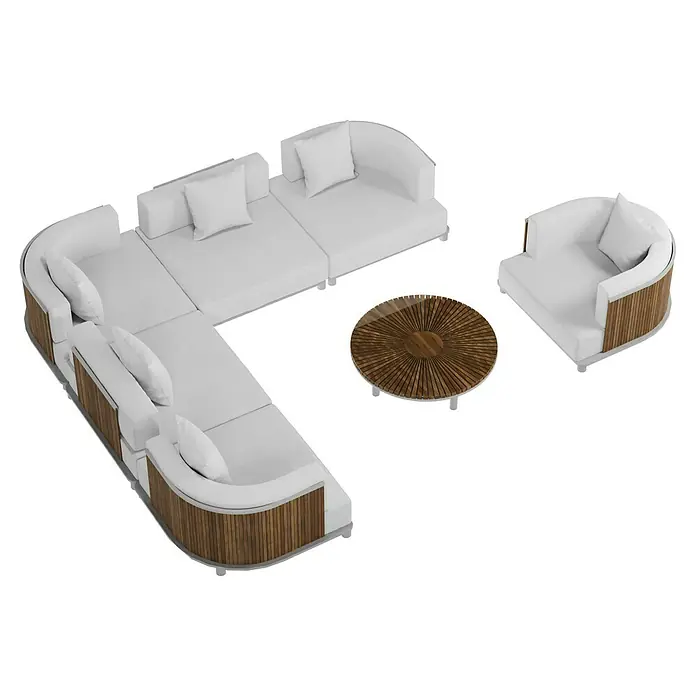 Sunfun Loungemöbel-Set - 7 -tlg., Aluminium, Textil, Champagner/Holz - Dieses Bild zeigt ein modernes Outdoor-Lounge-Set mit einem Sofa, einem Sessel und einem passenden Couchtisch in elegantem Design.