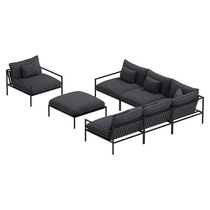 Sunfun Loungemöbel-Set - 7 -tlg., Aluminium, Textil, Night Grey/Schwarz - Graue modulare Wohnlandschaft mit Metallrahmen und Polsterung, bestehend aus Sofa, Sessel und Hocker für den Außenbereich.