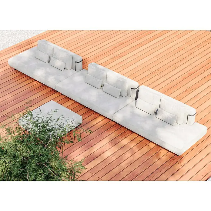 Sunfun Loungemöbel-Set - 4 -tlg., Aluminium, Textil, Sand/Night-Grey - Elegante modulare Sofagarnitur in Grau auf einer Holzterrasse. Das moderne Design und die bequemen Kissen laden zum Entspannen im Freien ein.