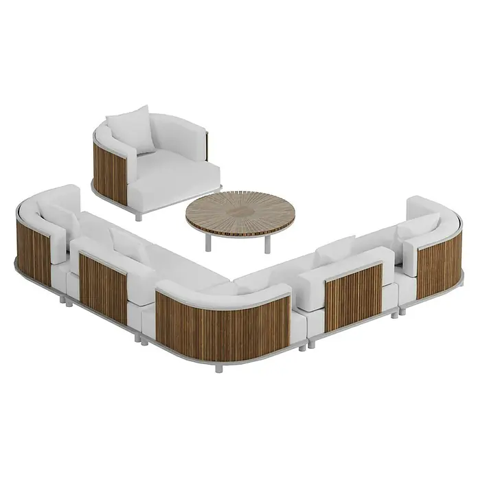 Sunfun Loungemöbel-Set - 7 -tlg., Aluminium, Textil, Champagner/Holz - Elegante Outdoor-Lounge-Gruppe mit Holzverkleidung und weißer Polsterung, bestehend aus Sofas, Sessel und einem runden Tisch für entspannte Stunden im Freien.