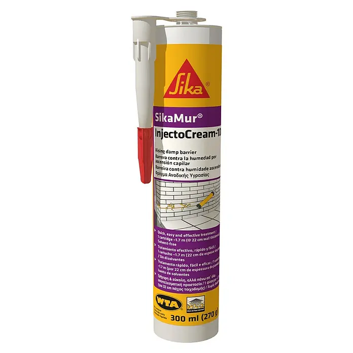 Sika Sellador de humedad SikaMur InjectoCream-100 - Blanco, 300 ml - Imagen de un cartucho de SikaMur InjectoCream-100, una barrera contra la humedad ascendente, con 300 ml de producto.
