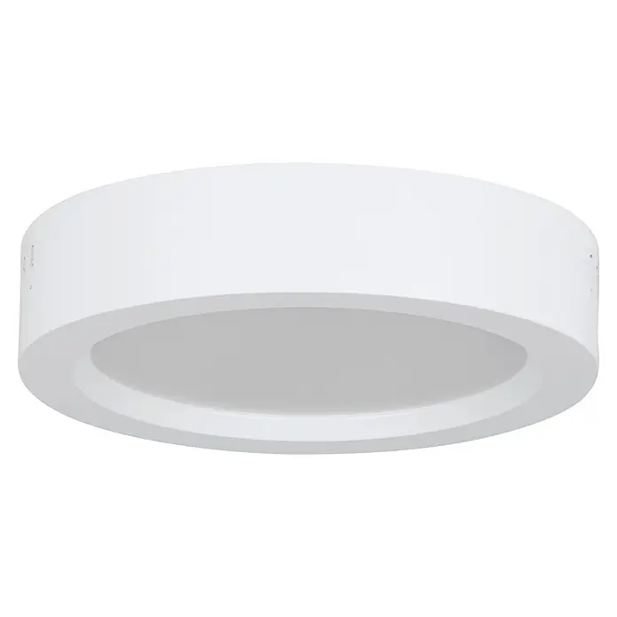 Eglo Foco downlight de superficie LED IDUN-E - 8 W, Ø x Al: 16 x 3,1 cm, Blanco frío - Este primer plano muestra una lámpara de techo redonda y moderna en blanco, que muestra un diseño simple y elegante. Ideal para interiores contemporáneos.