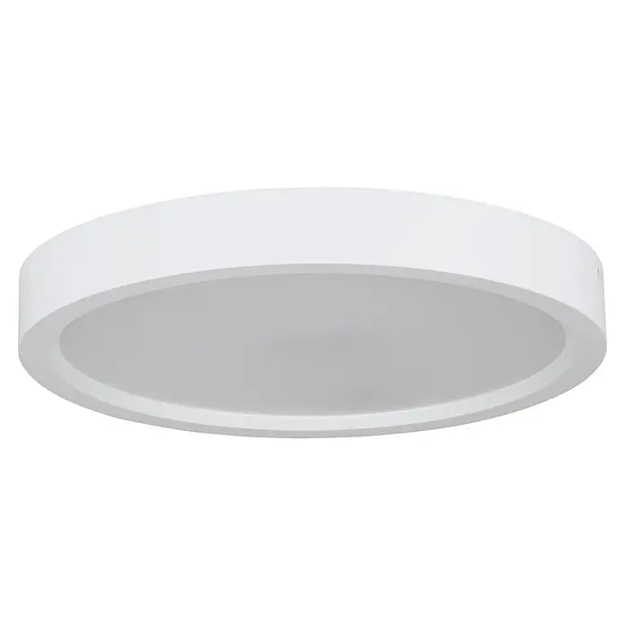 Eglo Foco downlight de superficie LED IDUN-E - 15 W, Ø x Al: 28,5 x 3,1 cm, Blanco frío - Primer plano de una lámpara de techo redonda y blanca, que muestra un diseño moderno y minimalista para iluminación interior.