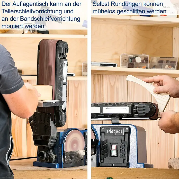 Scheppach Band- & Tellerschleifer BTS900 - 370 W, 2.850 U/min - Schleifmaschine mit Schleifscheibe und Schleifband zum mühelosen Schleifen von Werkstücken, inklusive Auflagefläche.