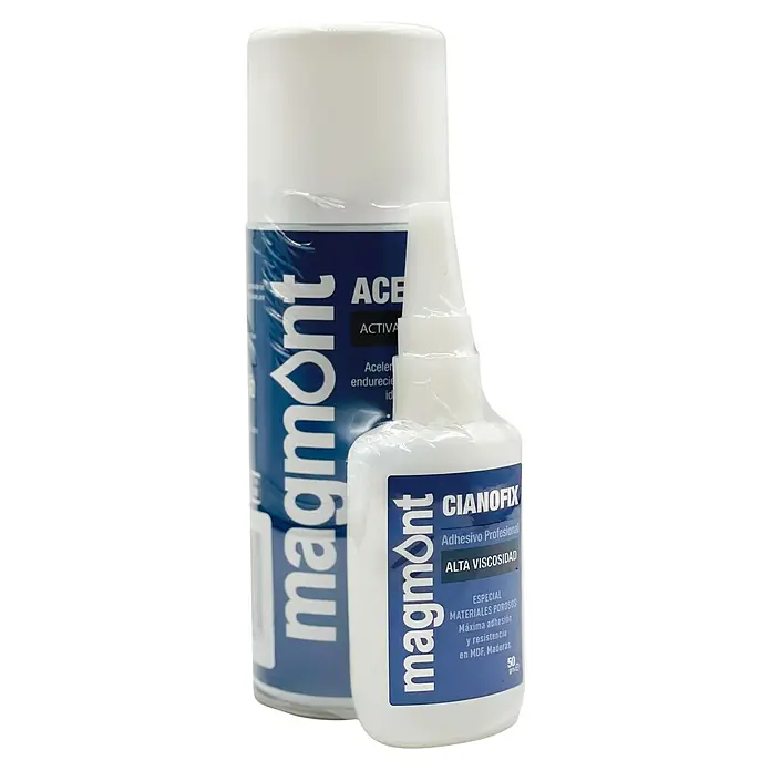 Magmont Adhesivo instantáneo cianoacrilato R-300 black - 10 g - La imagen muestra Magmont CianoFix, un adhesivo profesional de alta viscosidad para materiales porosos, junto a un activador.