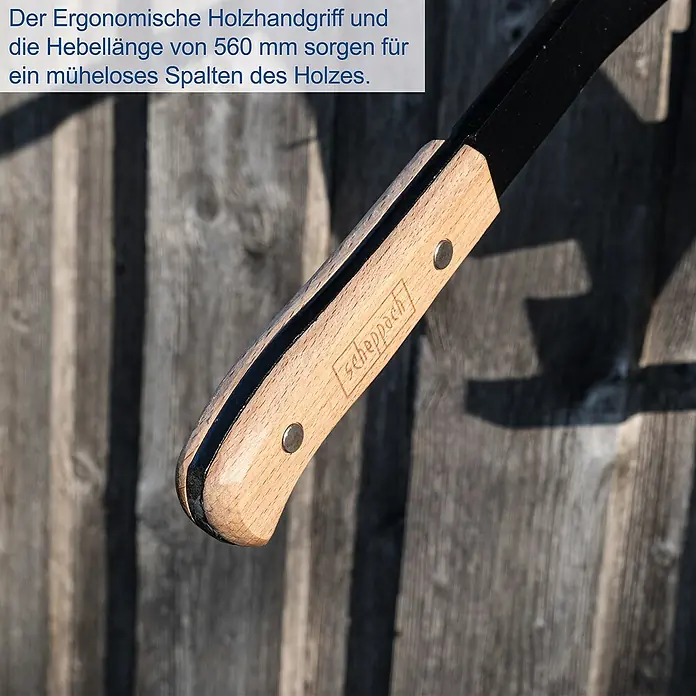 Scheppach Handholzspalter -  - Nahaufnahme eines Holzspalters von Scheppach mit ergonomischem Holzgriff für müheloses Spalten von Holz.
