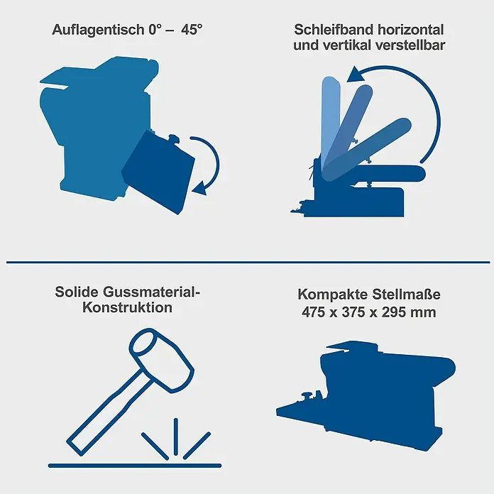 Scheppach Band- & Tellerschleifer BTS900 - 370 W, 2.850 U/min - Illustration einer Bandschleifmaschine mit verstellbarem Schleiftisch und Band, sowie robustem Gussmaterial und kompakten Maßen.