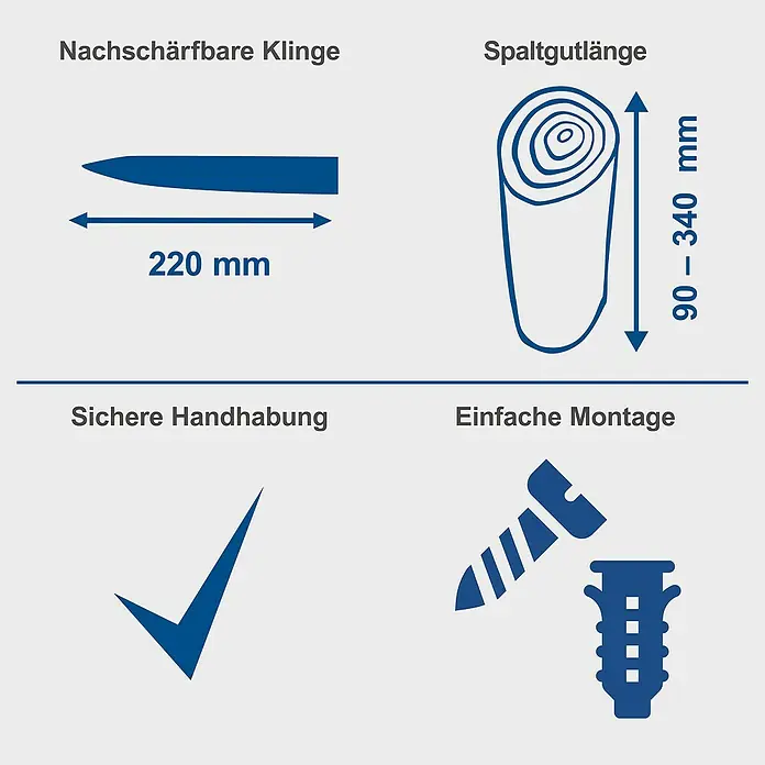Scheppach Handholzspalter -  - Produktdiagramm mit Maßen. Nachschärfbare Klinge (220mm), Spaltgutlänge (90-340mm), sichere Handhabung und einfache Montage.