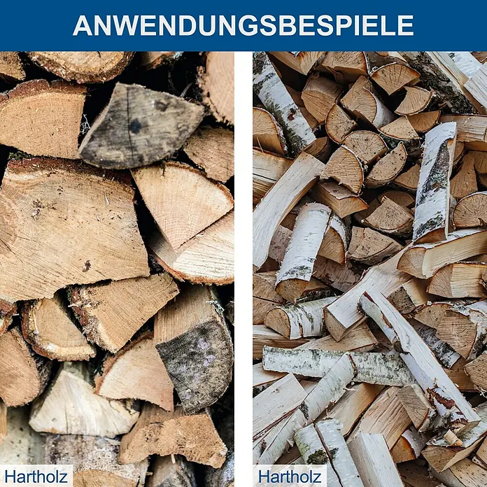 Scheppach Handholzspalter -  - Brennholz Hartholz: Anwendungsmöglichkeiten für Hartholz-Brennholz, gezeigt in zwei Nahaufnahmen von Holzstapeln.