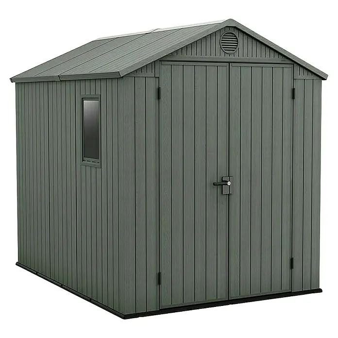 Keter Caseta de jardín Darwin 6X8 - Medidas ext. (An x Pr): 190 x 244 cm, Plástico, Verde, 4,5 m² - Imagen de un cobertizo de jardín de plástico gris con puerta doble y ventana. El cobertizo ofrece mucho espacio de almacenamiento.