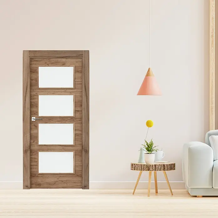 Solid Elements Puerta acristalada Cognac - 82,5 x 203 cm, Derecha, Roble, Maciza - Elegante puerta de madera con cuatro inserciones de vidrio. La puerta tiene un tono de madera cálido y se integra a la perfección.