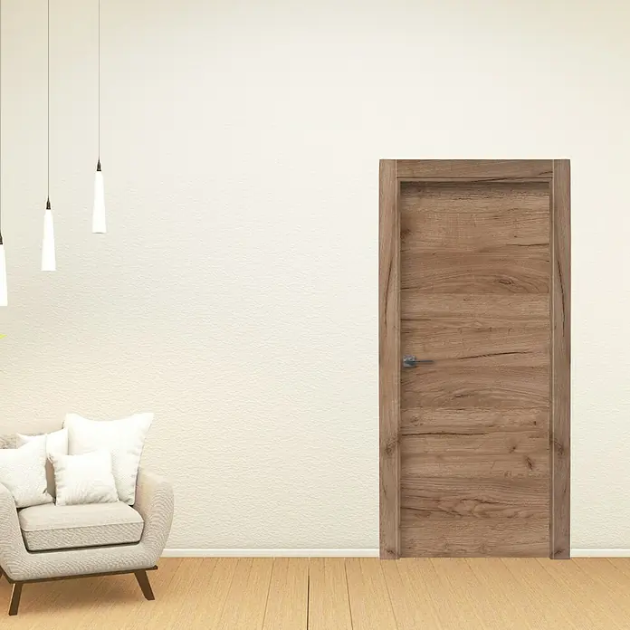 Solid Elements Puerta interior Cognac - 72,5 x 203 cm, Derecha, Roble coñac, Maciza - Una puerta de madera moderna con grano natural se integra perfectamente en un interior elegante, añadiendo calidez al espacio.