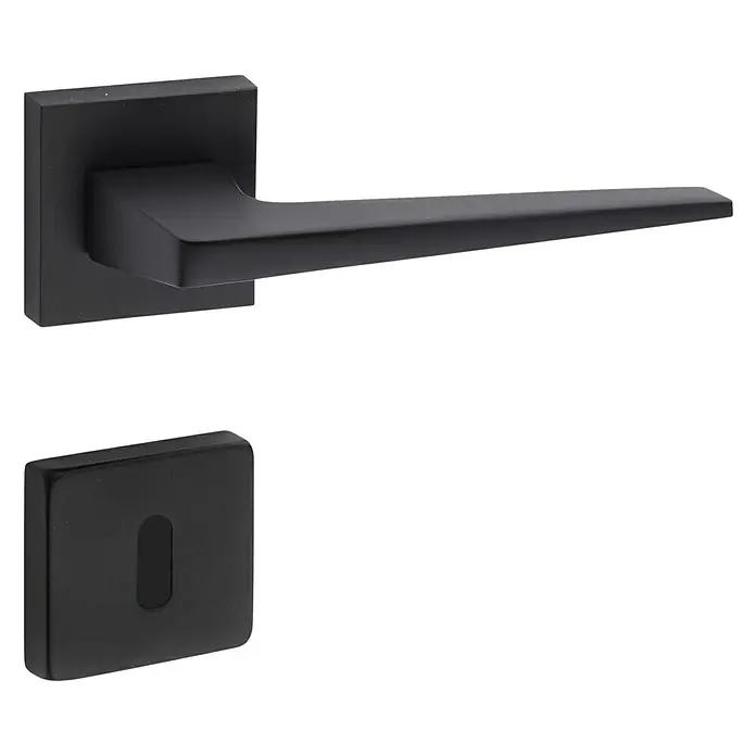 Diamond Doors Black Edition Juego de manillas para puerta de habitación Riverside - Grosor de la puerta: 40 mm - 45 mm, Negro, Cerradura de gorjas simples - Manilla de puerta negra con roseta cuadrada y tapa de llave. Un diseño elegante y moderno para puertas interiores.
