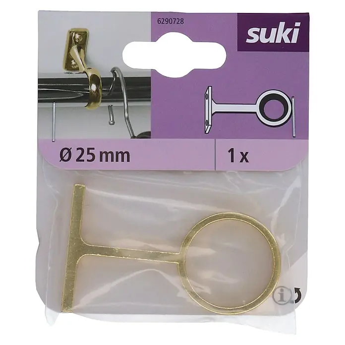 Schrankrohrmittelträger - Höhe: 66 mm - Abbildung eines goldfarbenen Gardinenstangenhalters (Ø 25 mm) von Suki in einer transparenten Verpackung.