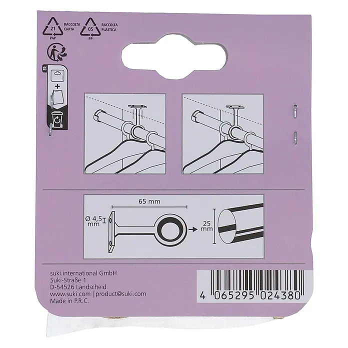 Schrankrohrmittelträger - Höhe: 66 mm - Verpackungsrückseite des Suki International Kleiderstangenhalters mit Anweisungen und Maßangaben, um die Installation zu erleichtern.