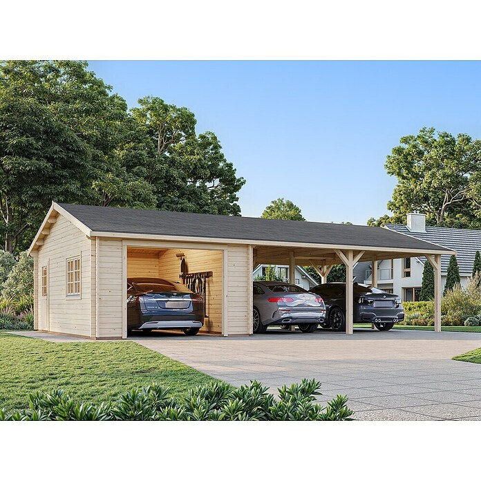 Palmako Garaje con carport Roger sin puerta (Medidas ext. (An x Pr): 1.006 x 619 cm, Natural, Madera, 19 m², Sin tratar) | BAUHAUS