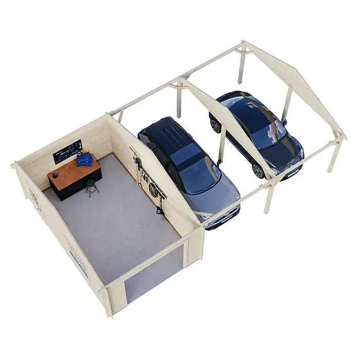 Palmako Garage Roger - Außenmaß inkl. Dachüberstand (B x T): 1.006 x 619 cm, Grau, Holz, 19 m², Ohne Tor - Übersicht einer Holzgarage mit Werkstatt und Platz für zwei Autos, ideal für Heimwerker und Fahrzeugbesitzer.
