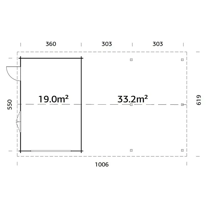 Palmako Garage Roger - Außenmaß inkl. Dachüberstand (B x T): 1.006 x 619 cm, Grau, Holz, 19 m², Ohne Tor - Grundrisszeichnung eines Gebäudes mit zwei Flächen: 19.0m² und 33.2m². Die Gesamtmaße des Gebäudes sind 1006 x 619.