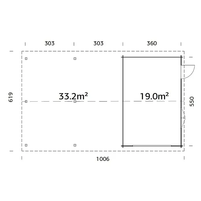 Palmako Garage Roger - Außenmaß inkl. Dachüberstand (B x T): 1.006 x 619 cm, Grau, Holz, 19 m², Ohne Tor - Grundrisszeichnung eines Gebäudes mit zwei Bereichen: 33,2 m² und 19,0 m², Abmessungen sind 1006x619 und 550x360.