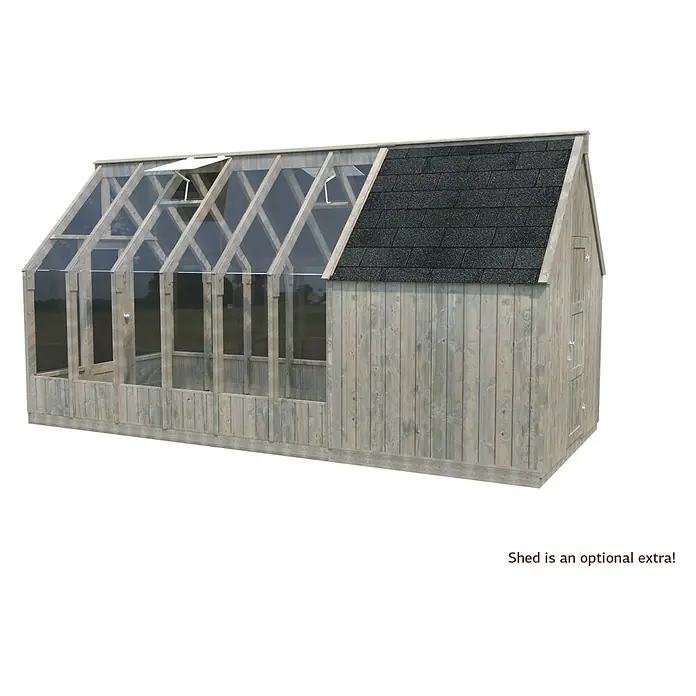 Palmako Caseta de jardín Emilia - Medidas ext. (An x Pr): 240 x 187 cm, Madera, Gris - La imagen muestra un invernadero de madera con un cobertizo adjunto opcional con un techo de tejas, ideal para proyectos de jardinería y cultivo de plantas.