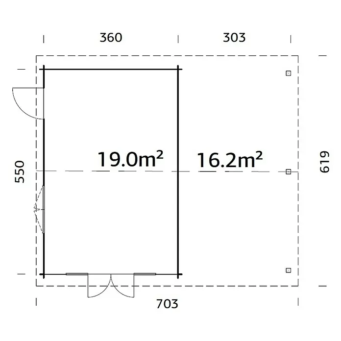 Palmako Gartenhaus Irene - Außenmaß inkl. Dachüberstand (B x T): 703 x 619 cm, Tauchgrundiertes Holz, Hellbraun - Grundrisszeichnung eines Gartenhauses mit den Maßen 703 x 619 cm, aufgeteilt in zwei Bereiche von 19,0 m² und 16,2 m².