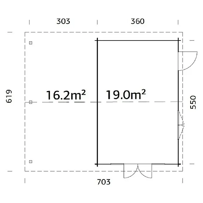 Palmako Gartenhaus Irene - Außenmaß inkl. Dachüberstand (B x T): 703 x 619 cm, Tauchgrundiertes Holz, Hellbraun - Grundriss eines Hauses mit Flächenangaben für die einzelnen Räume und Außenmaßen für die Planung.